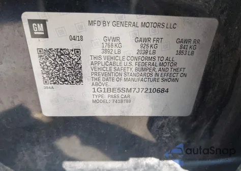 2018 Chevrolet Cruze Lt Auto from USA, damaged, VIN 1G1BE5SM7J7210684